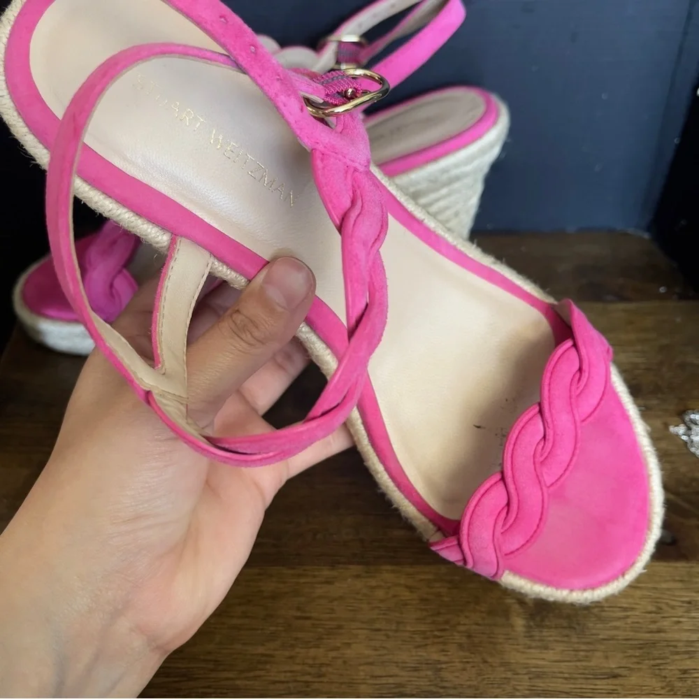 Stuart Weitzman Espadrille wedge suede sandals Twist Buckle Pink Women's 6